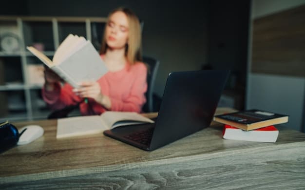 A student studying at a desk with open textbooks and a laptop, highlighting education and learning. Financial documents are subtly visible in the background.
