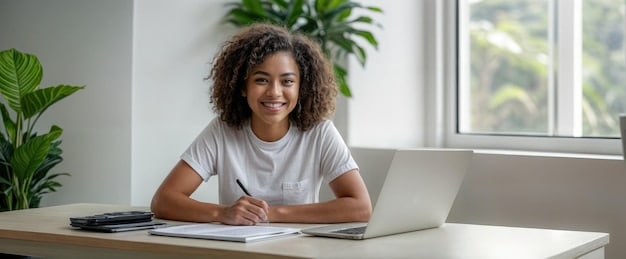 A student sitting at a desk, looking at a laptop screen displaying the FAFSA application form. The student is smiling slightly, indicating confidence in completing the form.