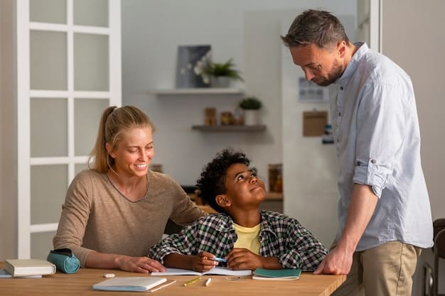 Parents and a college-aged student sitting at a table, reviewing financial documents and discussing college funding options. The atmosphere is collaborative and supportive.