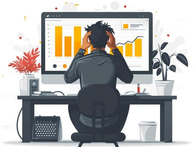 A person sitting at a computer, looking concerned, with a graph showing a downward trend in the background, subtly suggesting economic hardship or job loss.
