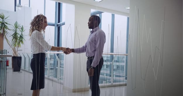 A person confidently shaking hands with a new employer against a backdrop of a modern office, symbolizing successful re-employment and the end of the unemployment benefits journey.