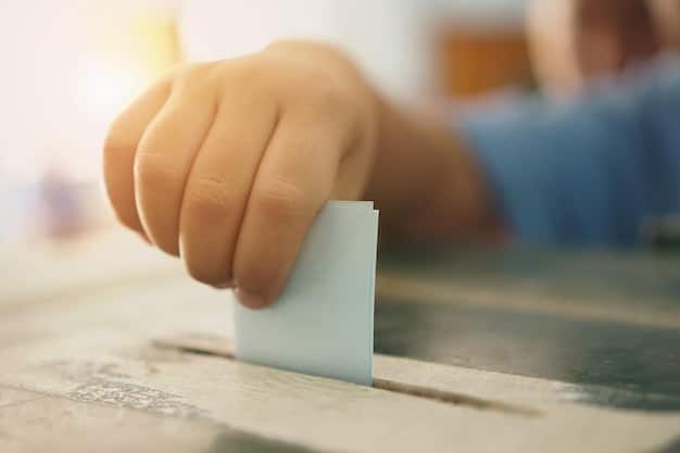 A close-up of a ballot being dropped into a ballot box, focusing on the hand of the voter and the slot of the box.