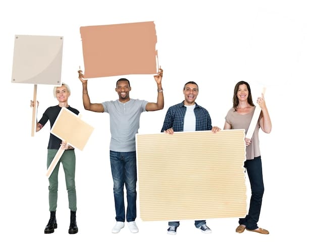 A diverse group of citizens standing in line to vote, holding signs advocating for voting rights and equal access to the ballot box.