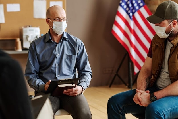 A veteran sitting at a desk, carefully filling out a benefits application form with a supportive counselor by their side.