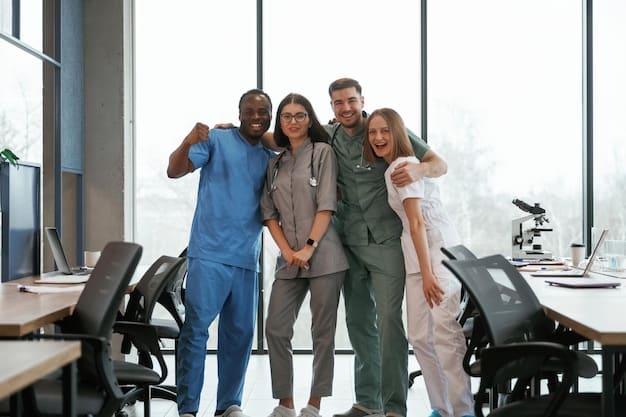 A diverse group of veterans standing together in front of a VA clinic, smiling and looking hopeful, representing community and accessible healthcare.