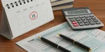 Tax forms, calculator, and calendar with April 15th circled, symbolizing tax preparation.
