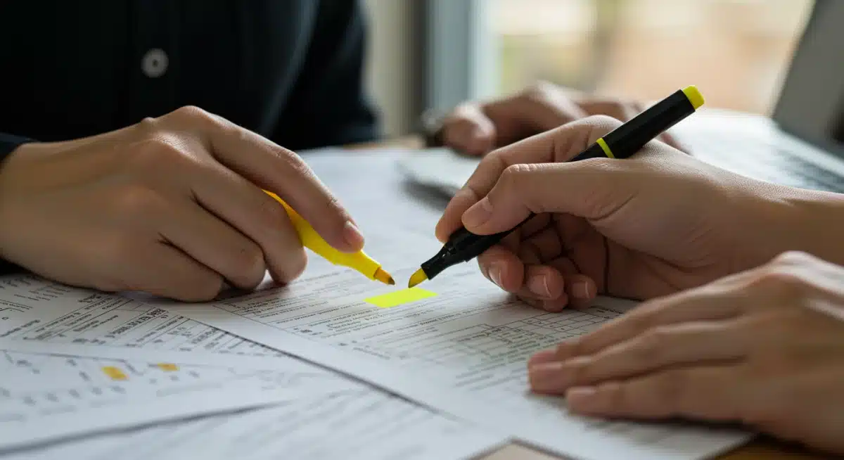 Hands highlighting deductions on a tax form, emphasizing careful review.