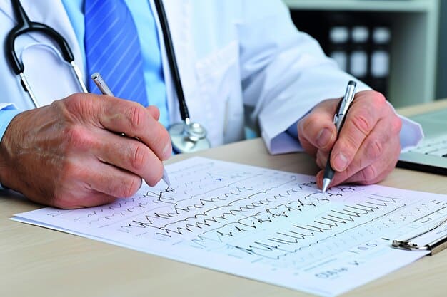 A close-up of a doctor's hand writing on a medical chart, with a concerned expression on the doctor's face.