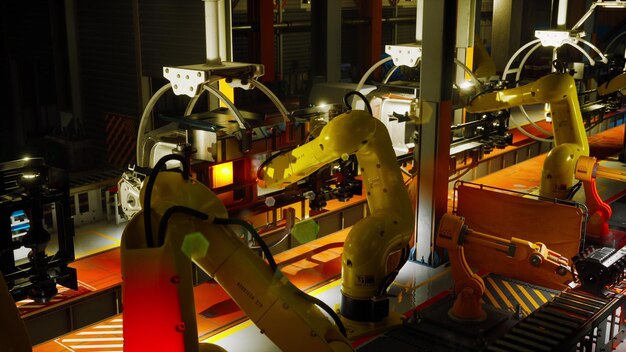 A futuristic image showcasing robots and humans working side-by-side in a high-tech manufacturing plant, highlighting collaboration and efficiency, with robotic arms performing precise tasks and human engineers overseeing the operations.