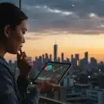 Thoughtful person reviewing economic data on tablet, contemplating future financial stability.