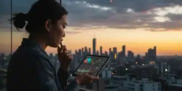 Thoughtful person reviewing economic data on tablet, contemplating future financial stability.