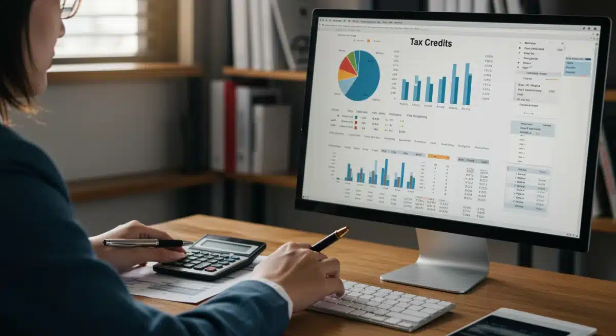 Person analyzing complex financial data for tax credit eligibility