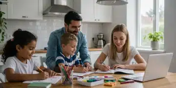 Family homeschooling at a kitchen table with books and laptop