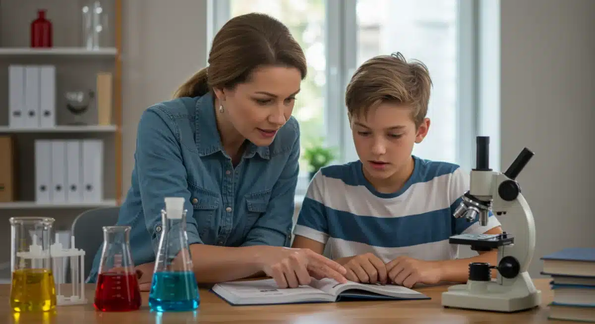 Parent and child working on a science project at home