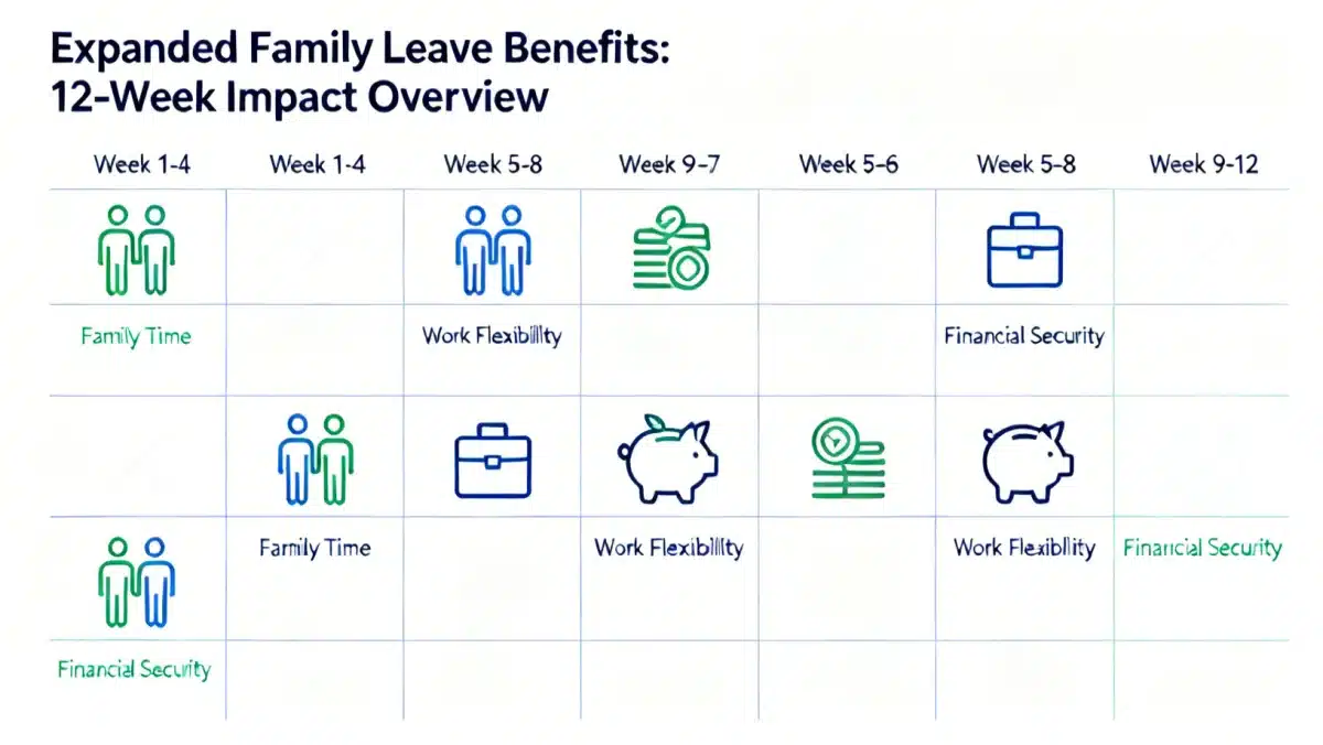 Calendar showing 12 weeks of family leave with benefit icons