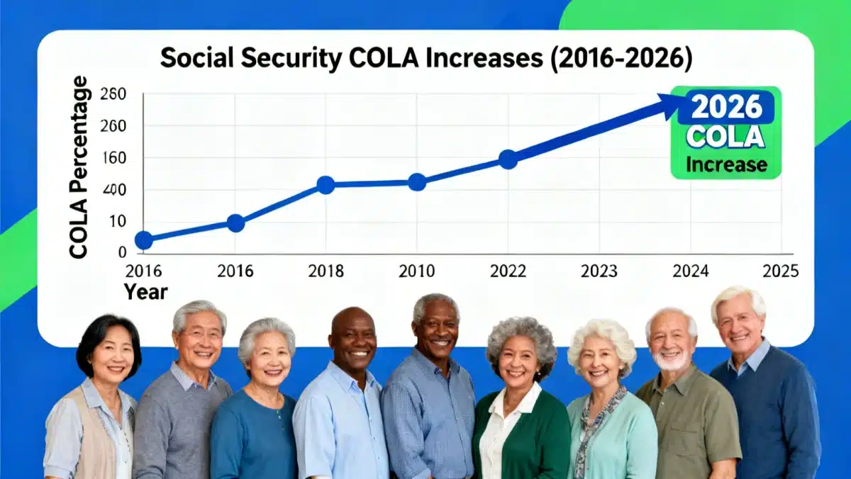 Historical Social Security COLA increases graph with smiling beneficiaries