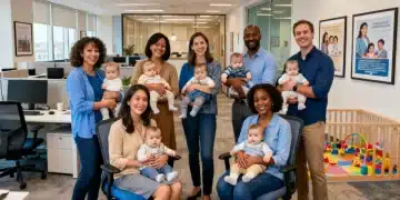 Working parents with children in a modern office