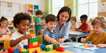 Children learning in a bright early childhood education classroom