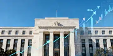 Federal Reserve building with financial charts and arrows, symbolizing 2026 interest rate projections.