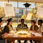 Diverse graduate students studying with financial aid symbols