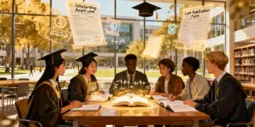 Diverse graduate students studying with financial aid symbols