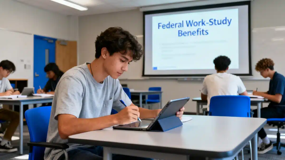 Student learning about federal work-study benefits at a workshop
