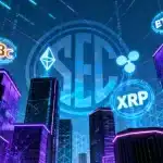 Futuristic cityscape with glowing cryptocurrency symbols and a subtle SEC logo, symbolizing 2026 crypto regulations.