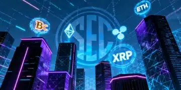 Futuristic cityscape with glowing cryptocurrency symbols and a subtle SEC logo, symbolizing 2026 crypto regulations.