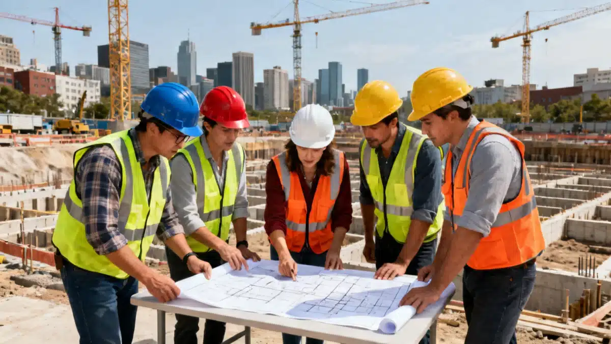 Construction workers reviewing blueprints at an urban development site.