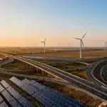 Modern highway interchange with renewable energy, symbolizing infrastructure progress.