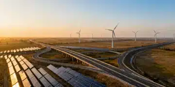 Modern highway interchange with renewable energy, symbolizing infrastructure progress.