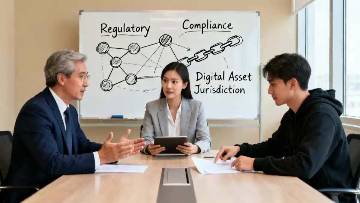 Professionals discussing regulatory frameworks for digital assets in a conference room, highlighting the complexities of new SEC guidelines.