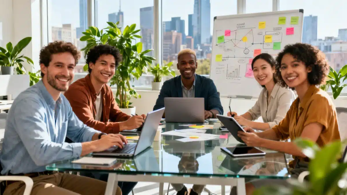 Diverse professionals working collaboratively in a modern office, symbolizing a healthy job market.
