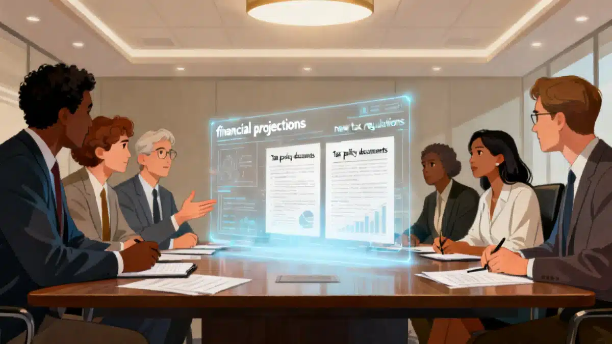Business leaders discussing financial projections and tax policies in a modern boardroom, illustrating strategic responses to new tax regulations.