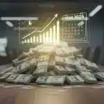 Stacks of US dollar bills with growth charts and 2026 calendar, representing economic stimulus impact