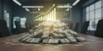 Stacks of US dollar bills with growth charts and 2026 calendar, representing economic stimulus impact