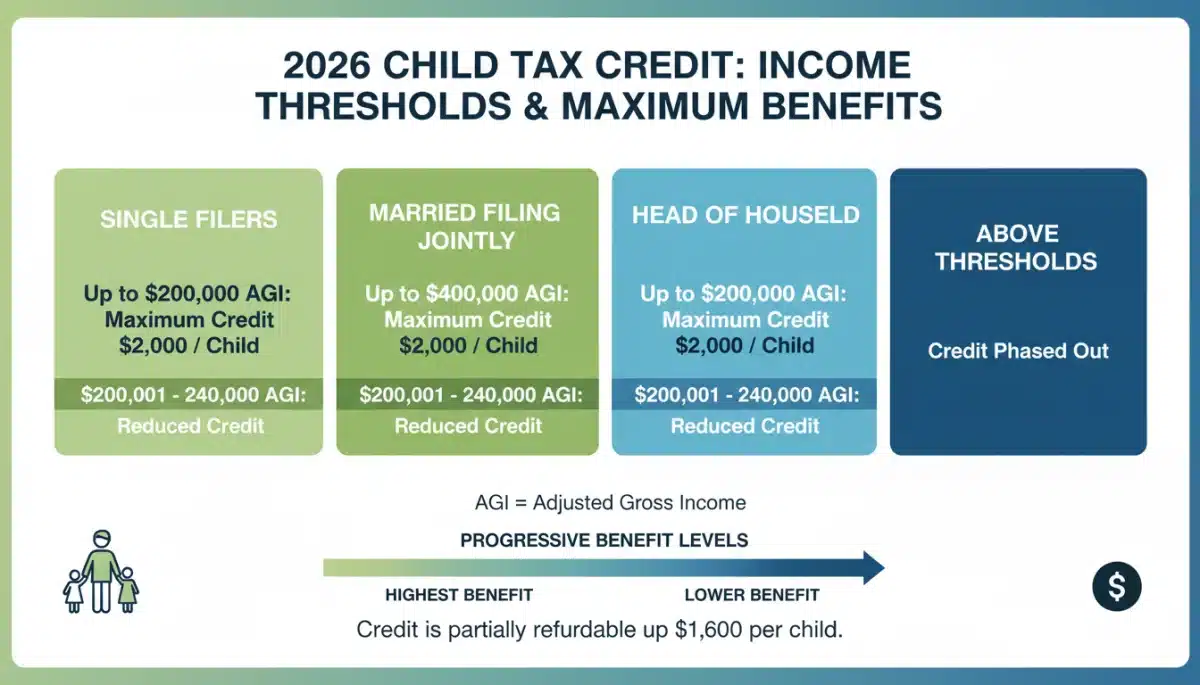 Infographic detailing 2026 Child Tax Credit income thresholds and maximum benefits