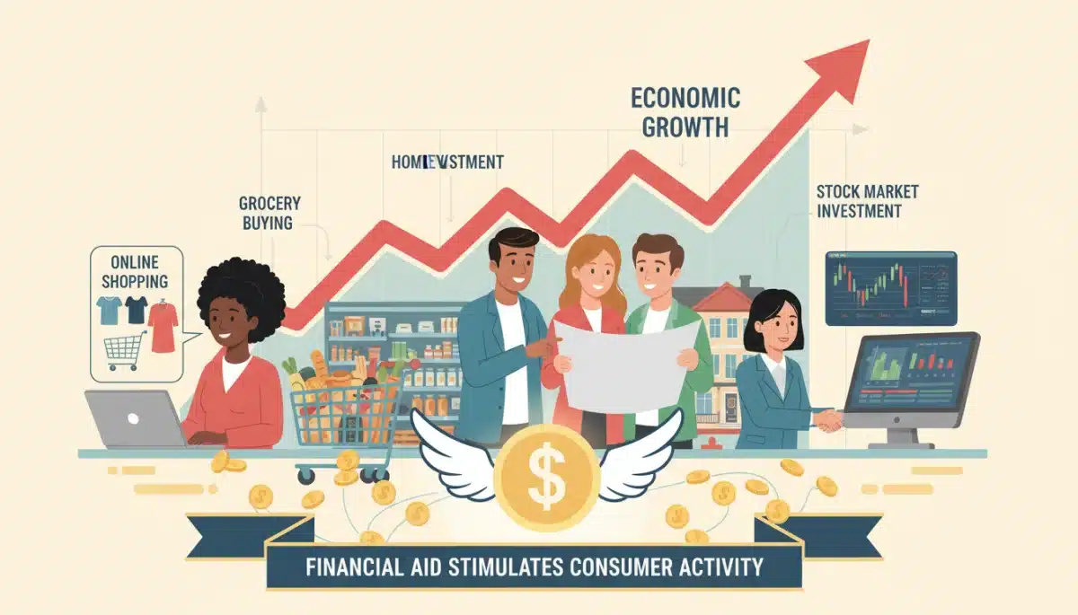 Diverse American consumers engaged in shopping and purchasing activities, reflecting stimulated consumer spending