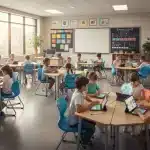 Diverse students learning in a modern public school classroom