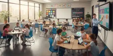 Diverse students learning in a modern public school classroom