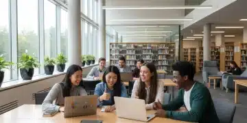 Students successfully applying for financial aid with laptops and books in a modern library.