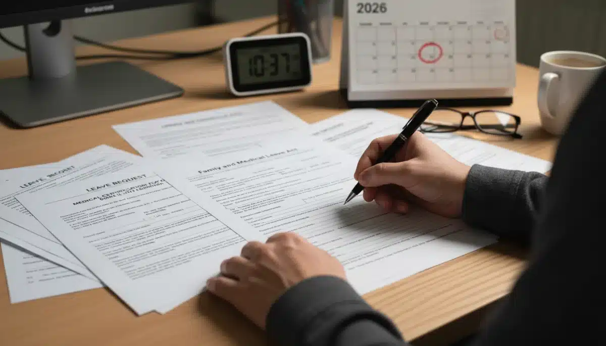 Hands filling out FMLA application forms for 2026 leave
