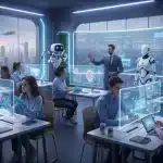 AI's Future in K-12 US Education: 2026 Trends & Updates Futuristic classroom with students and AI learning tools in 2026