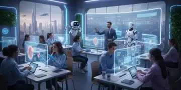 Futuristic classroom with students and AI learning tools in 2026