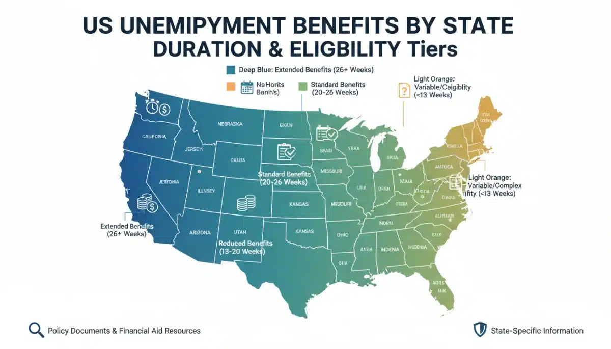 Infographic showing state-by-state unemployment benefit variations across the US in 2026