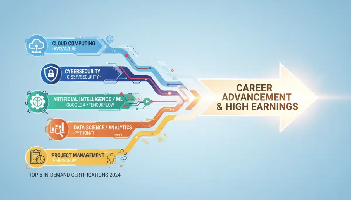 Infographic illustrating career paths with top 5 in-demand certifications for 2026