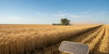 Golden wheat field with combine harvester, representing the Agriculture Bill 2026 impact on farmer support.