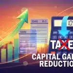 Financial instruments and tax forms illustrating capital gains tax reduction strategies for 2026