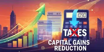 Financial instruments and tax forms illustrating capital gains tax reduction strategies for 2026