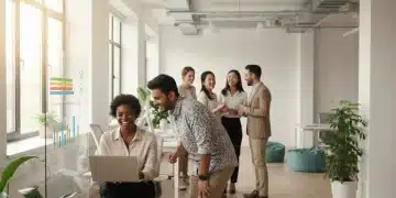 Diverse employees engaging positively in a modern office, showcasing future employee benefits trends.